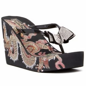 BEBE Alaya dragon bling bow wedge sandal